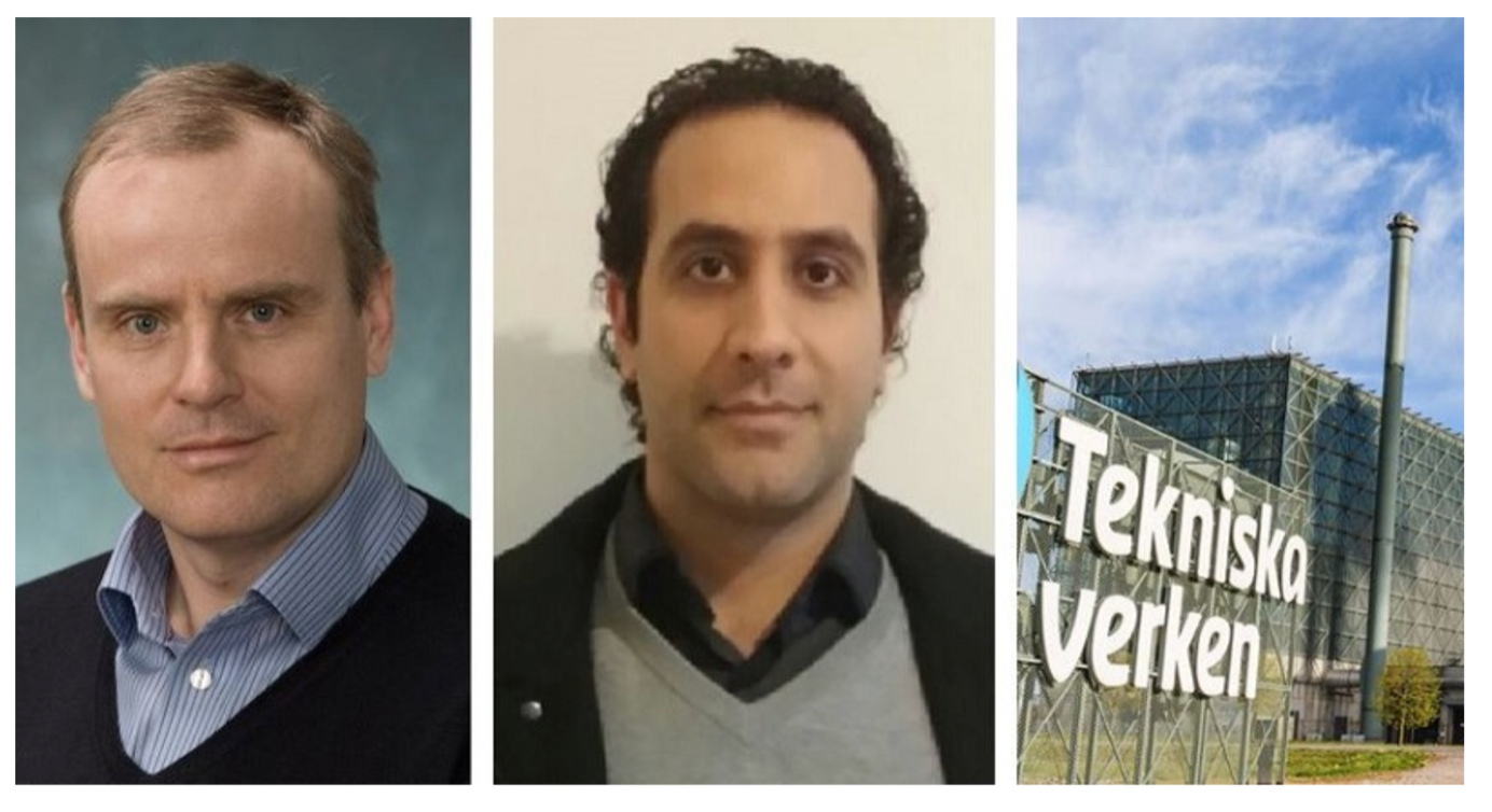 Carl Haggmark and Ali Najarnezhadmashhadi together with the exterior building and exhaust stack at Tekniska verken Linkoping